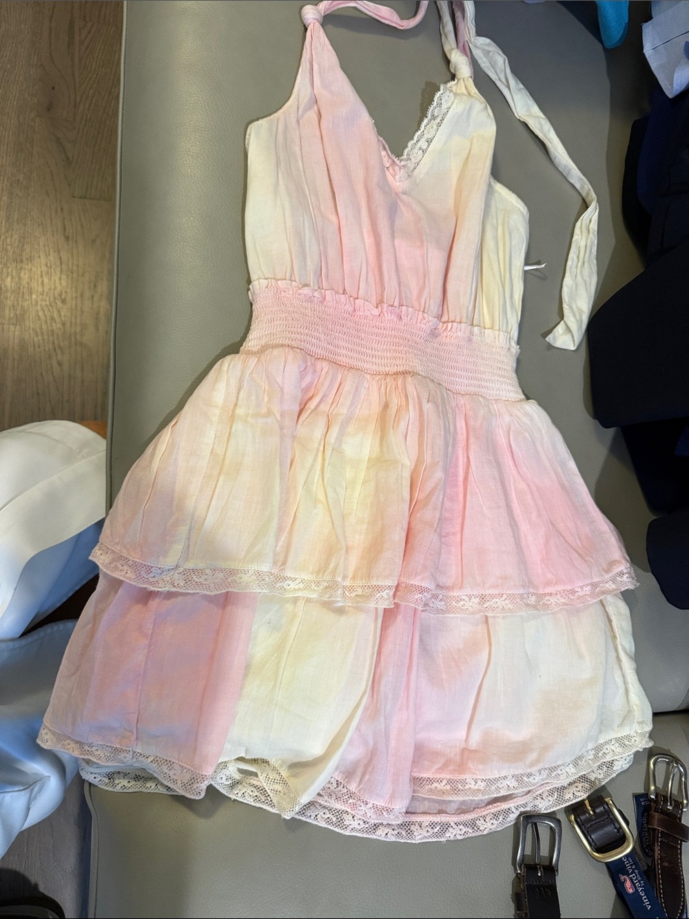 LoveShackFancy Girls' Pink and Cream Tiered Halter Dress